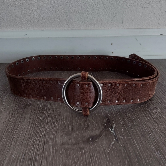 J. Crew Leather Studded Belt Adjustable Buckle Brown Silver Hardware Boho Size M